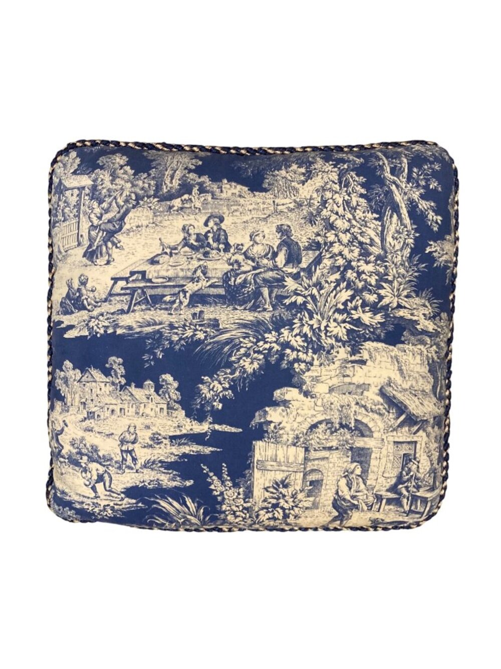 Vintage French Country Blue & White Toile Cushion Pillow With Down Fill